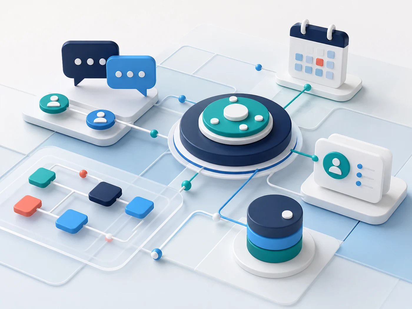 Sistema visual de agentes de inteligencia artificial conectando atención, CRM y agendamiento