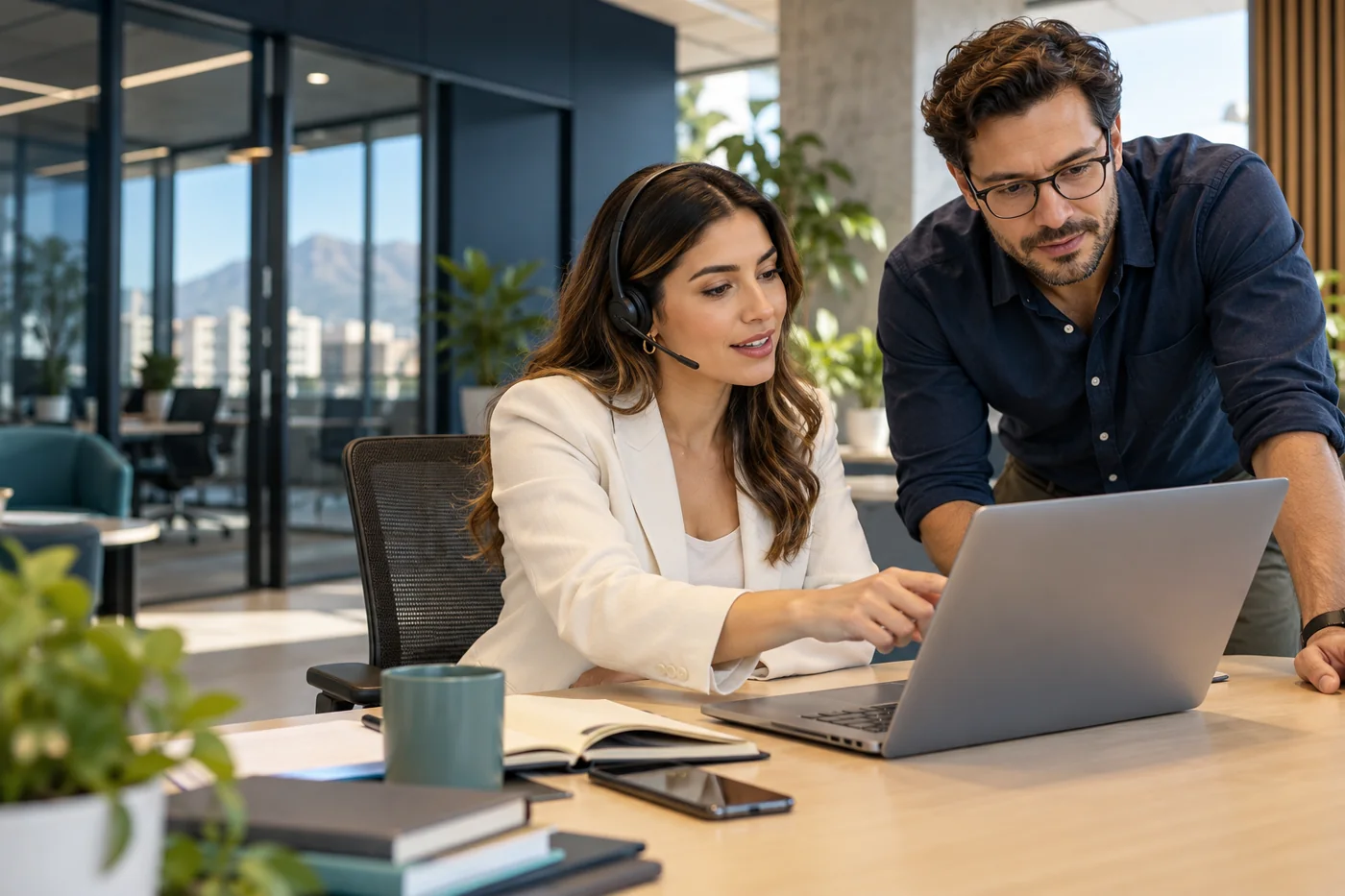 Escena ilustrativa de atención empresarial e integración de herramientas digitales