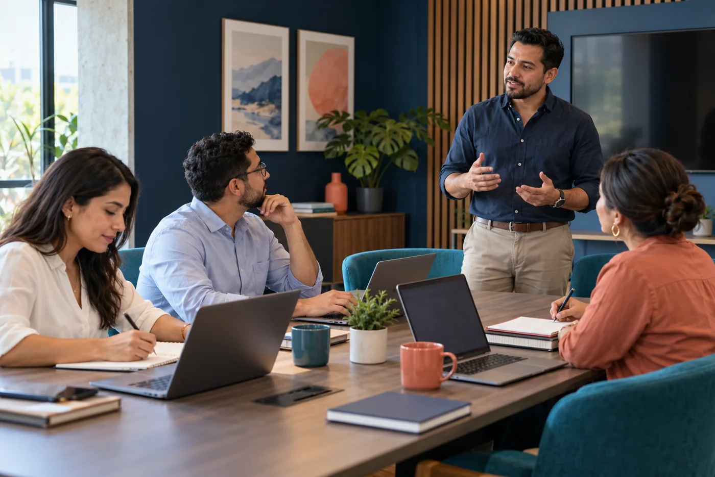 Escena ilustrativa de capacitación tecnológica para un equipo empresarial